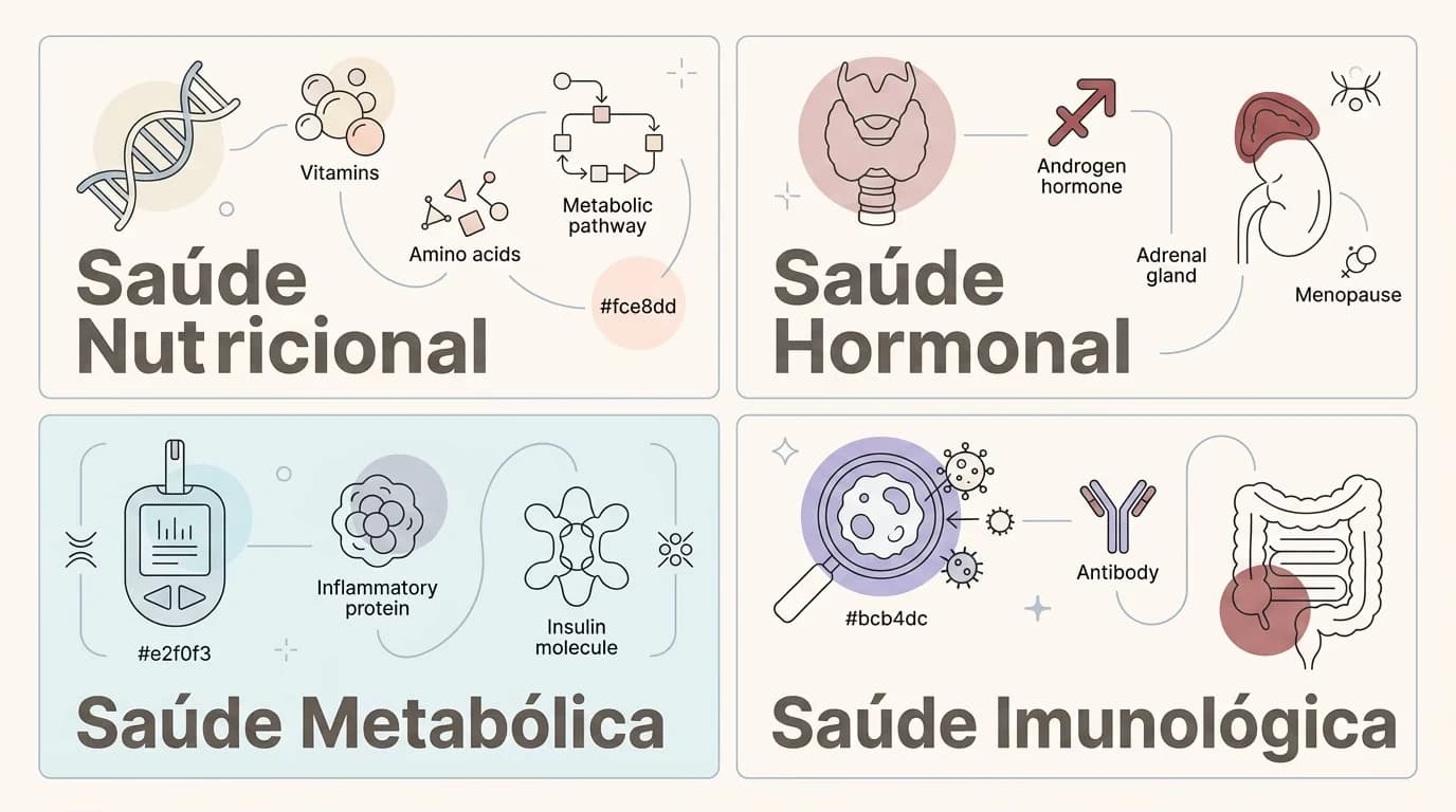 Painel ilustrado de biomarcadores nutricionais, hormonais, metabólicos e imunológicos